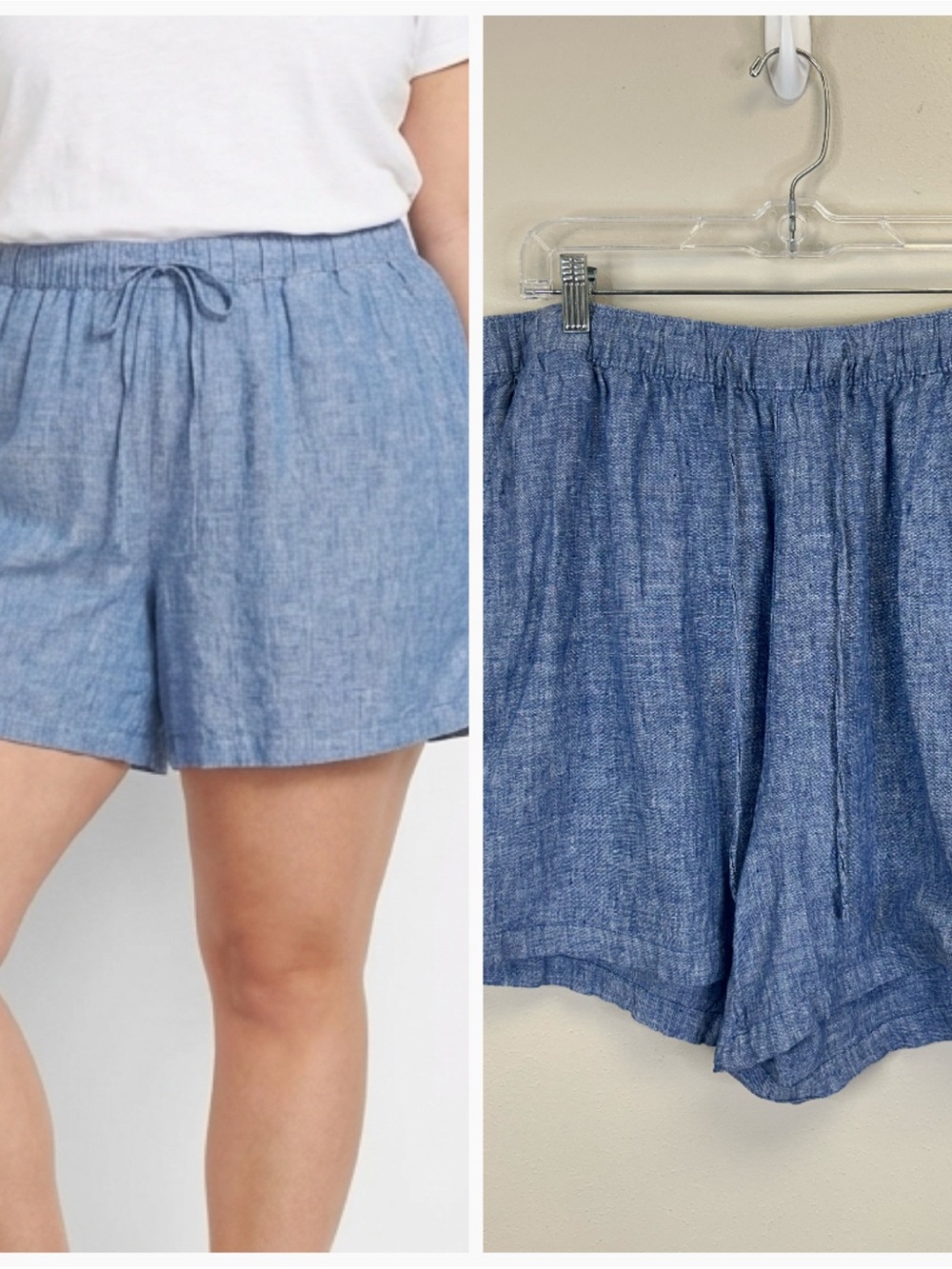Linen Drawstring Shorts Blue Chambray Plus Size 1X Summer Beach Lightweight